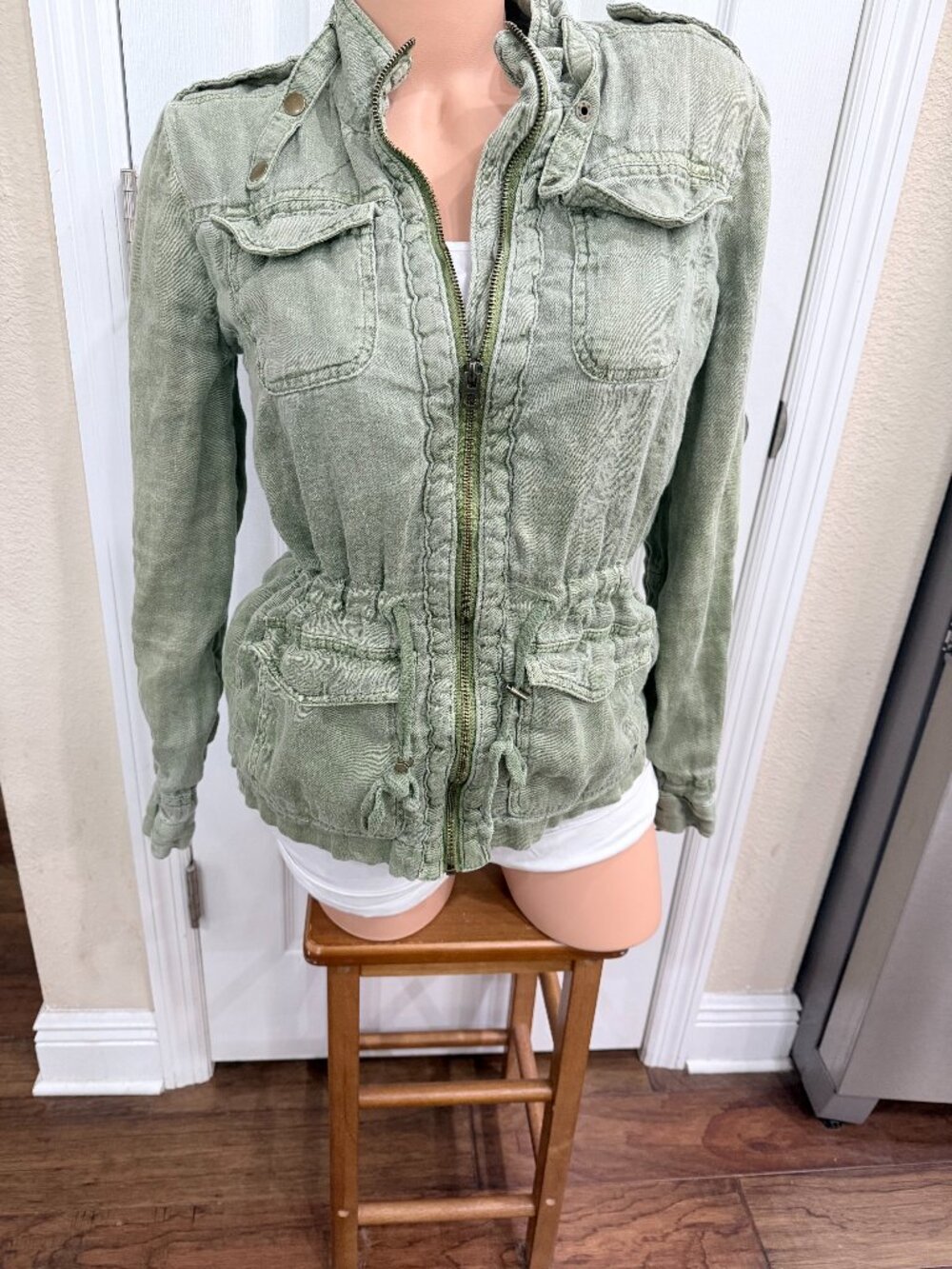 Lucky Brand 100% Linen Sage Utility Military Field Jacket Small